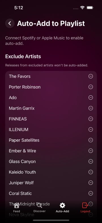 Auto-Add settings, showing the destination playlist and a list of excluded artists.